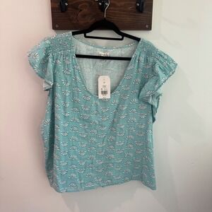 Wonderly Plus 2X Aqua Blue White Fan Print Cotton Gauze Flutter Sleeve Top NWT